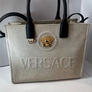 Versace Cream Canvas Tote with Black Leather Handles and Gold Medusa